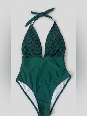 Green floral halter one-piece swimsuit size  Large L